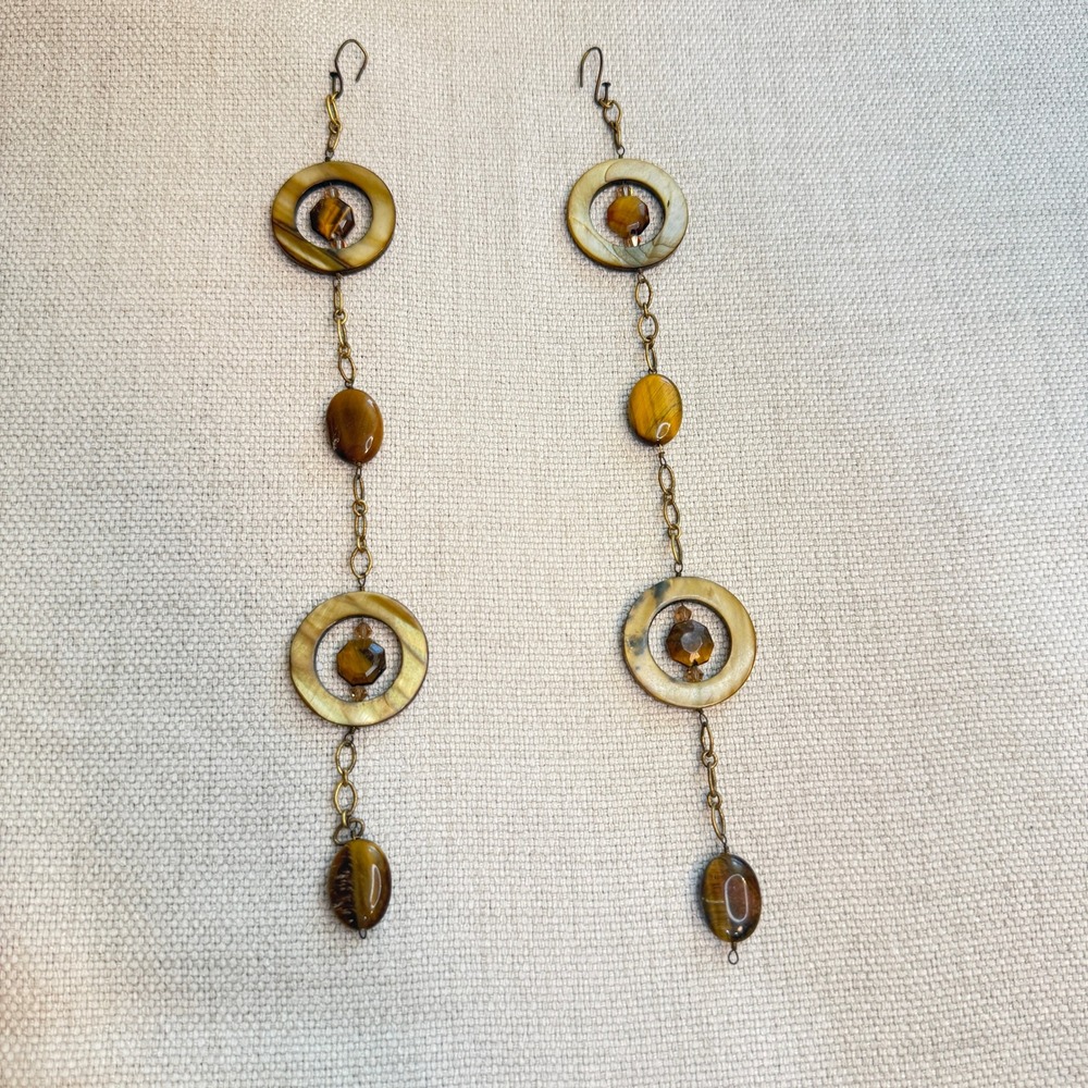 Vintage Boho Brass Dangle Earrings Natural Stone Shell Long Statement Brown Gold